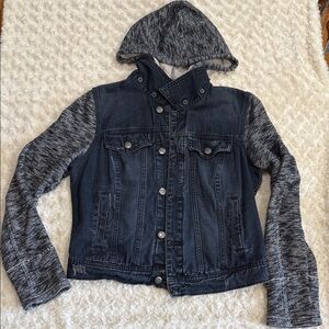 Free People Denim Jacket women medium black distressed faded kint sleeves hooded